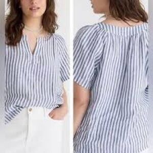 J. Crew Flutter Sleeve Linen V Neck Top Blue and White Stripe size S